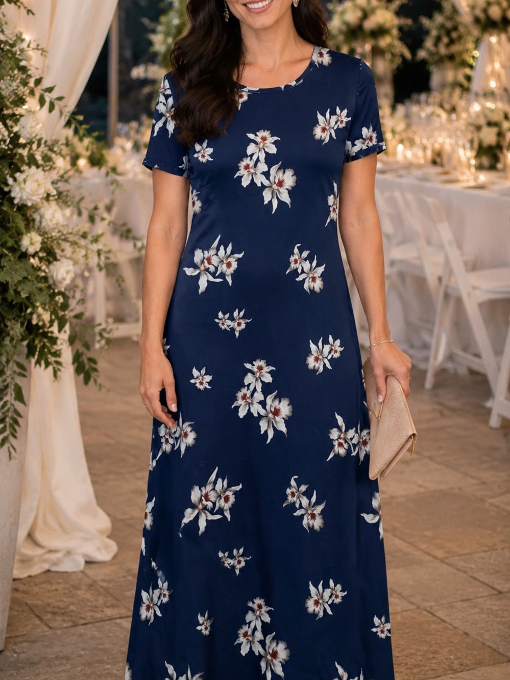 Sz S Unbranded Navy Floral Short-Sleeve Maxi Dress